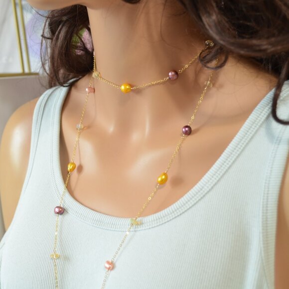Long Pearl and Gemstone Wrap Necklace in Gold - Picture 8 of 10